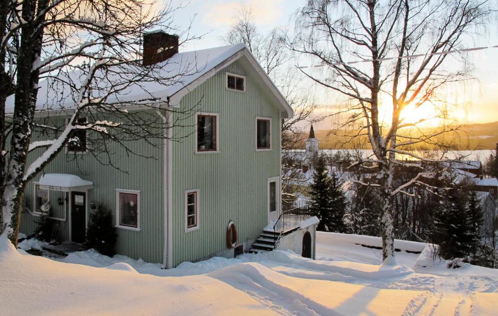 Una casa verde en la nieve con el sol detrás. en Amazing Home In Jrpen With House A Mountain View en Järpen