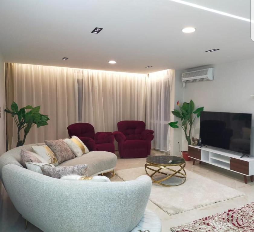 a living room with a couch and a tv at شقه فندقية بالقرب من سيتى ستارز in Cairo