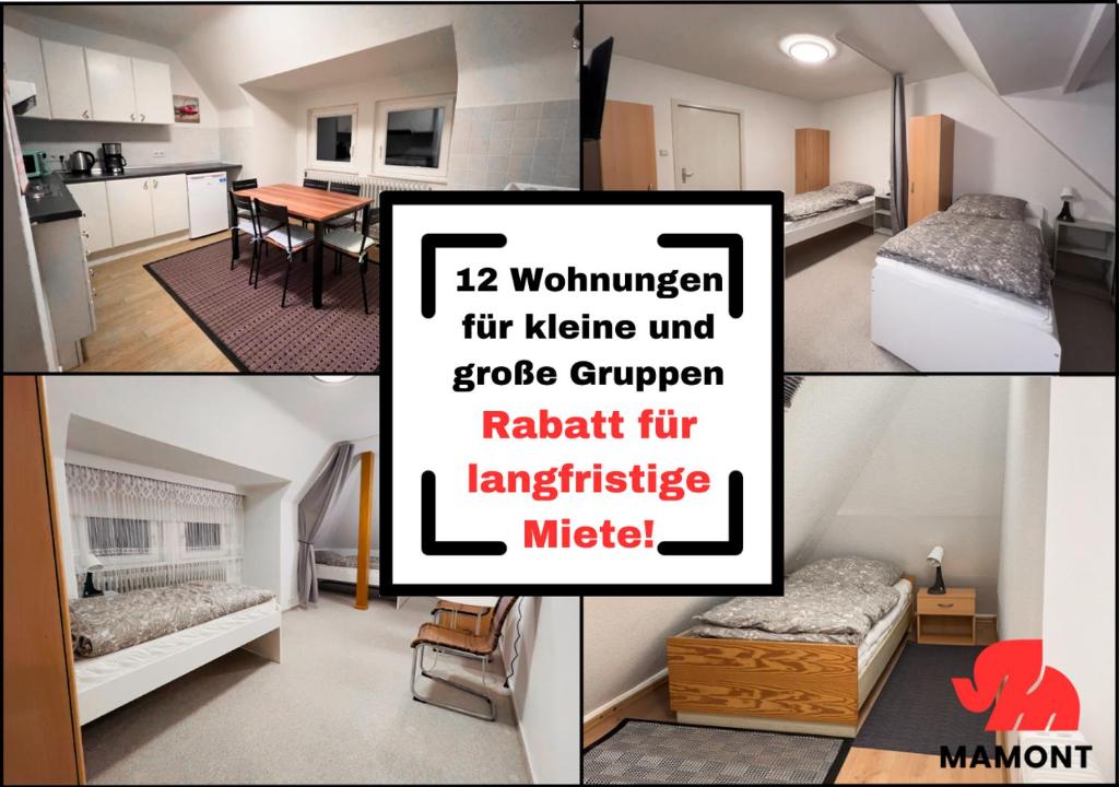 a collage of pictures of a room with two beds at Schöne und geräumige Monteurwohnung in Bremen