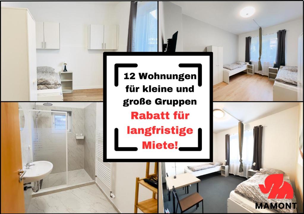 a collage of photos of a white apartment at Schöne, große Monteurwohnung in Bremen