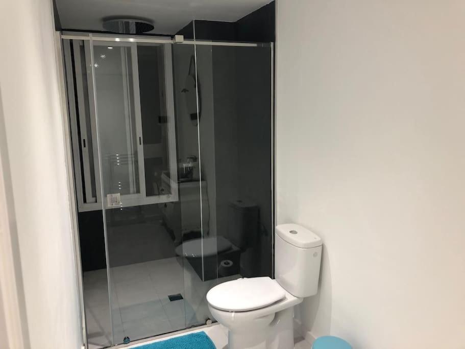 a bathroom with a toilet and a glass shower at Loft LVU en Zaragoza in Zaragoza