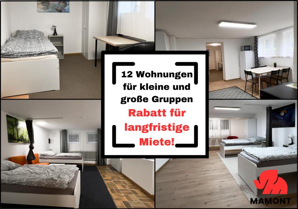 un collage de fotos de un dormitorio y una sala de estar en Schöne, große Monteurwohnung im Souterrain en Bremen