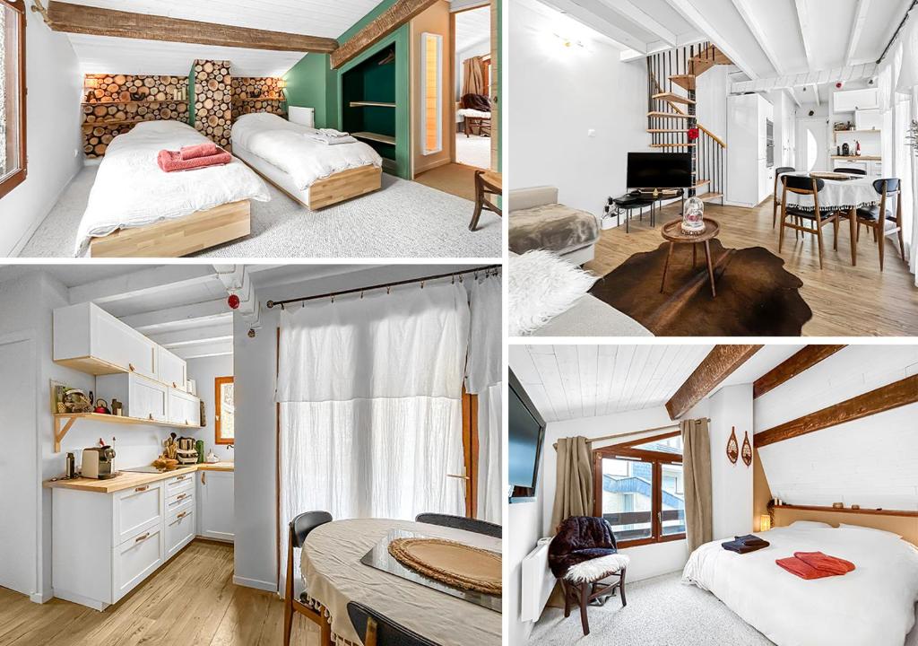 阿克斯萊泰爾姆的住宿－Refuge Montagnard - Terrasse et Local à Ski ou Vélo，一间卧室和一间客厅的三幅照片
