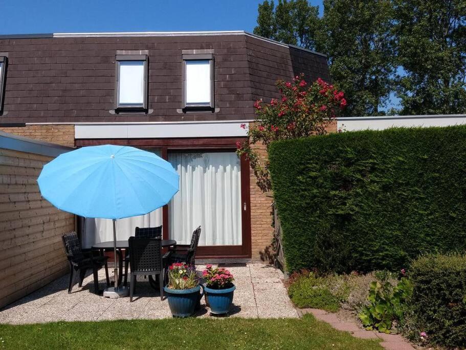 a blue umbrella sitting on a patio with a table and chairs at Heggerank 66* in Nieuwvliet