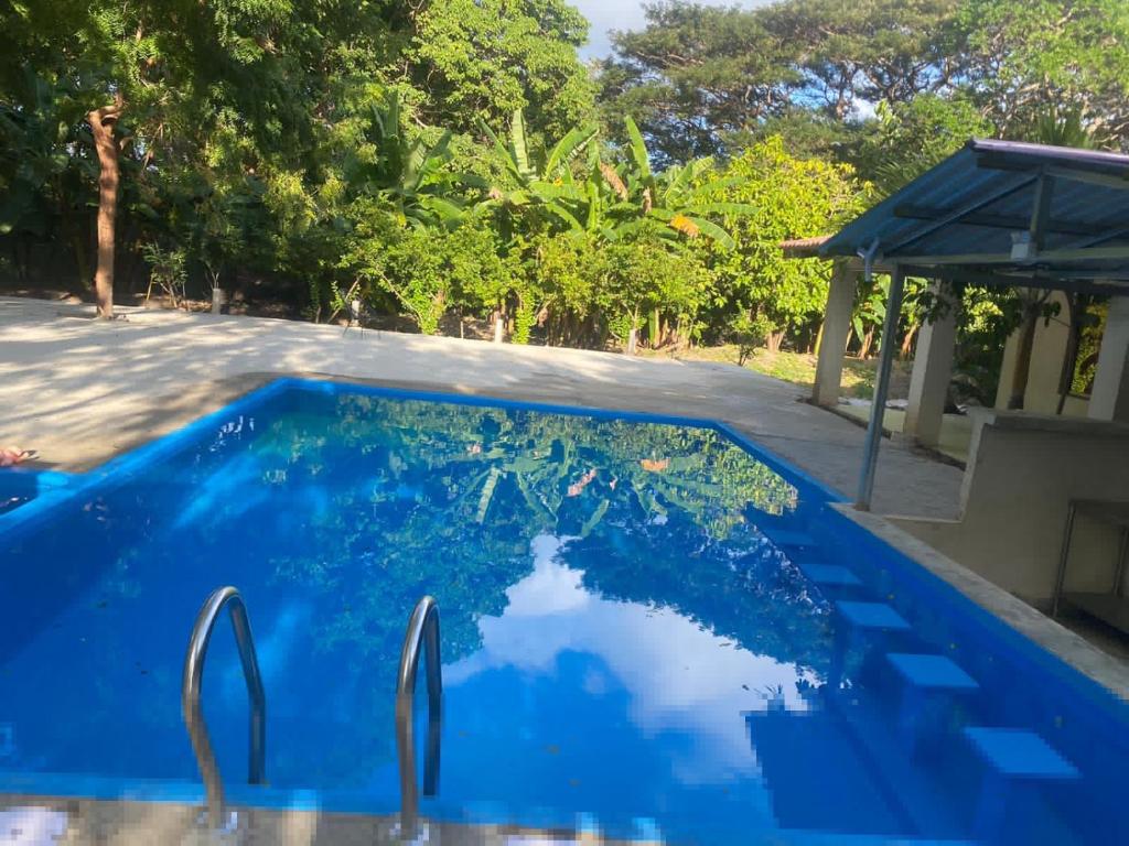 a blue swimming pool with trees in the background at Cabinas La Casona Del Pirata in La Cruz