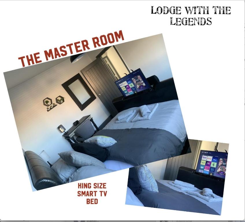 ein Poster eines Hauptschlafzimmers mit einem Bett in der Unterkunft Executive Sea View apartment 3 Bedroom 'Lodge with the Legends' Sleeps up to 8 in Cleethorpes