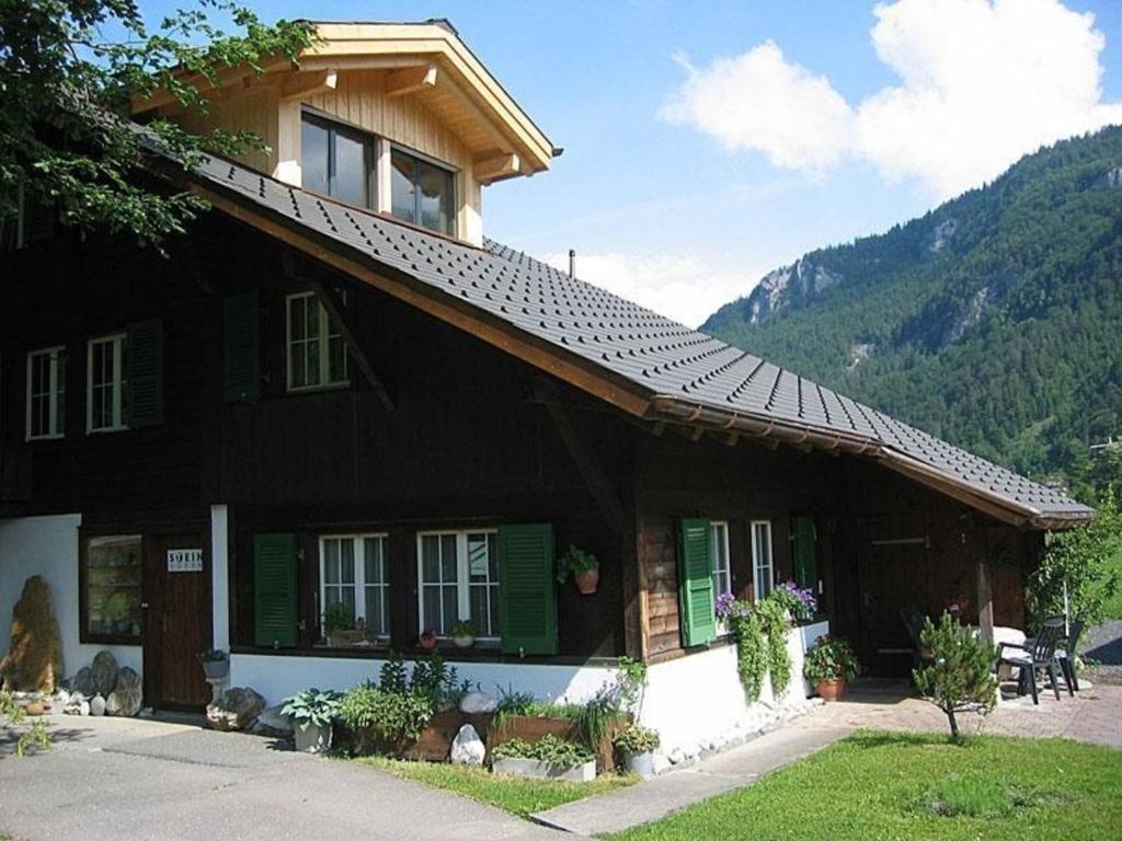 ein schwarzes Haus mit grünen Rollläden in der Unterkunft Ferienwohnung Steinideen in Meiringen