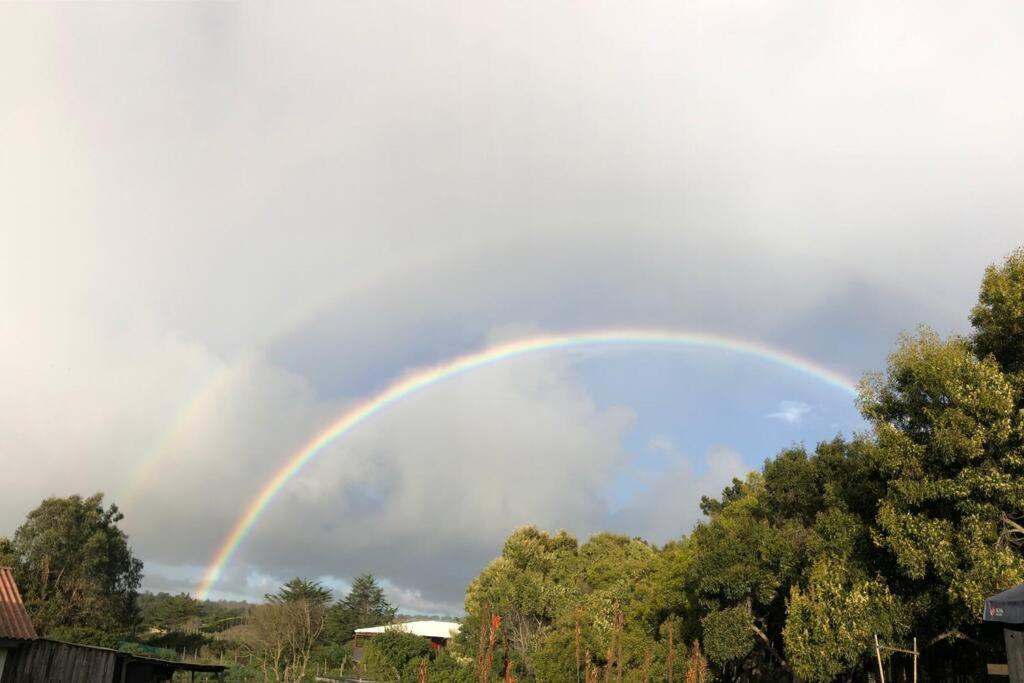 un arco iris en el cielo sobre algunos árboles en Exquisito Loft en Punta de lobos - Tranquilo y cómodo, en Pichilemu