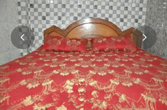 łóżko z czerwoną kołdrą i czerwonymi poduszkami w obiekcie Hotel Pari w mieście Dźalandhar