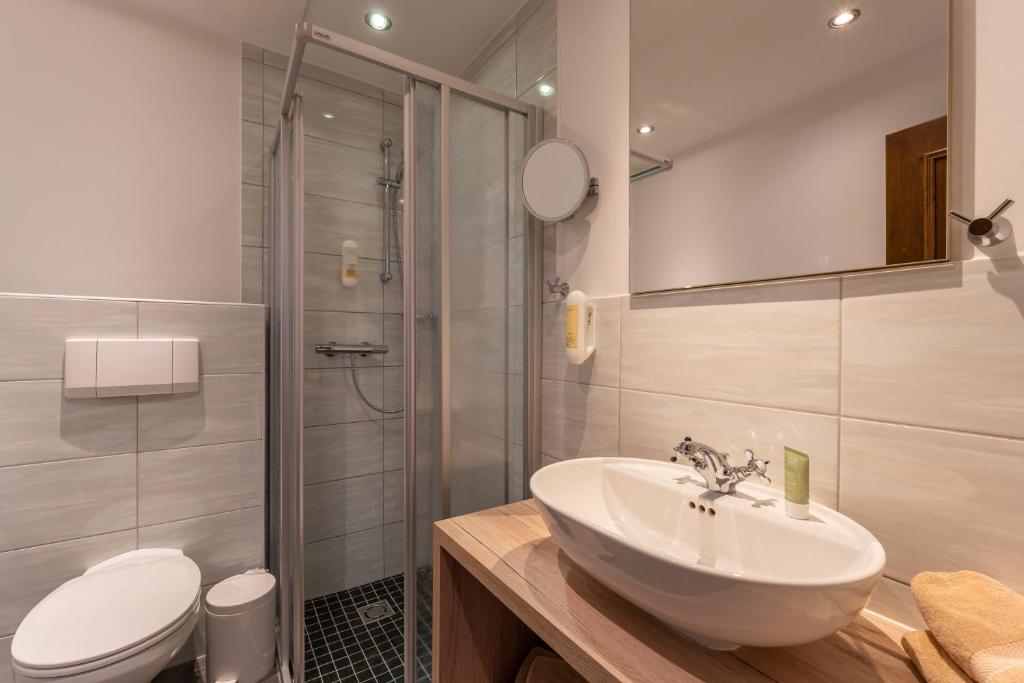 e bagno con lavandino, servizi igienici e doccia. di Fernerblick Apartments a Tux