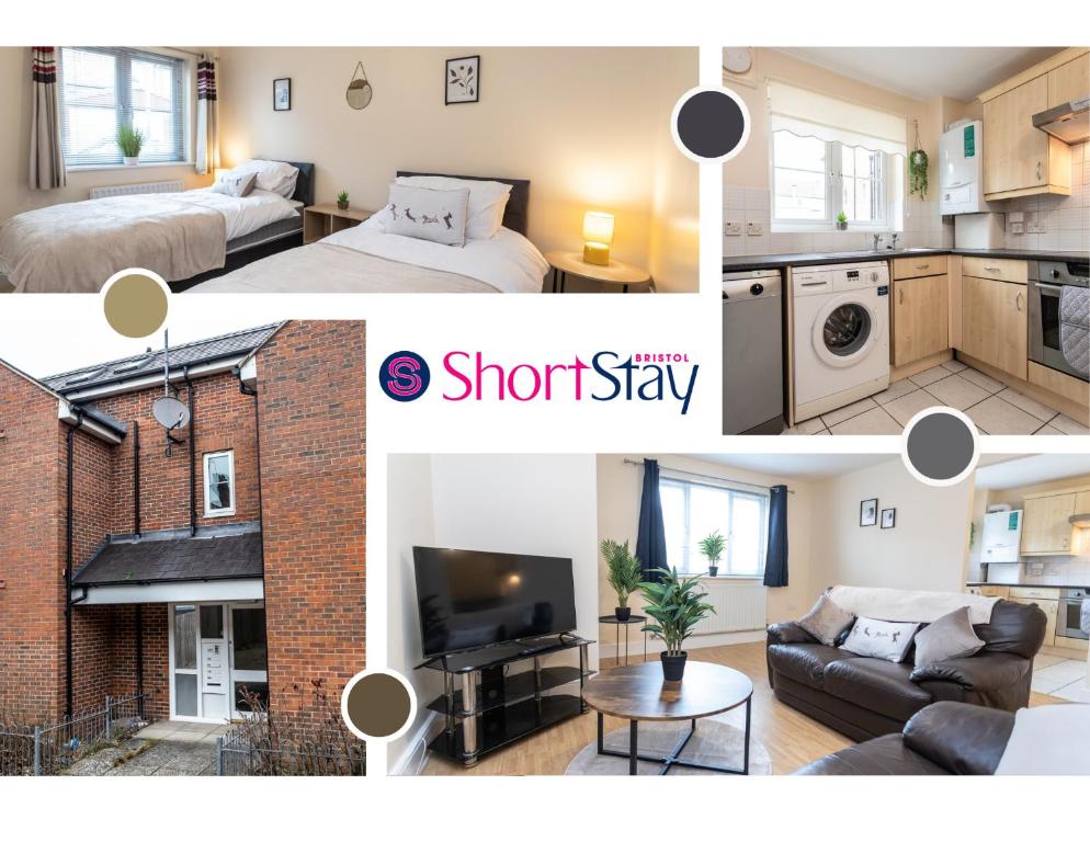 a collage of photos of a living room and a bedroom at May Disc - Long Stay - Contractors in Swindon