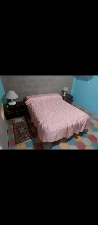 een slaapkamer met een roze bed en 2 nachtkastjes bij Casa laura in Alta Gracia