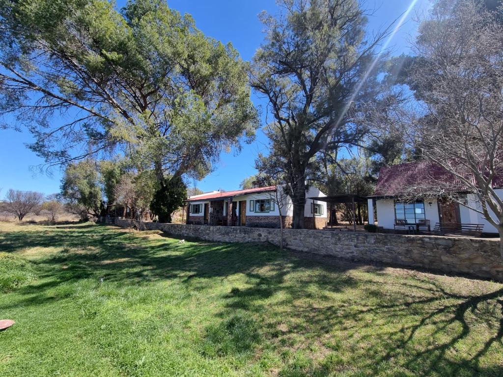 a house with a stone wall and trees at Garingboom Guest Farm in Springfontein
