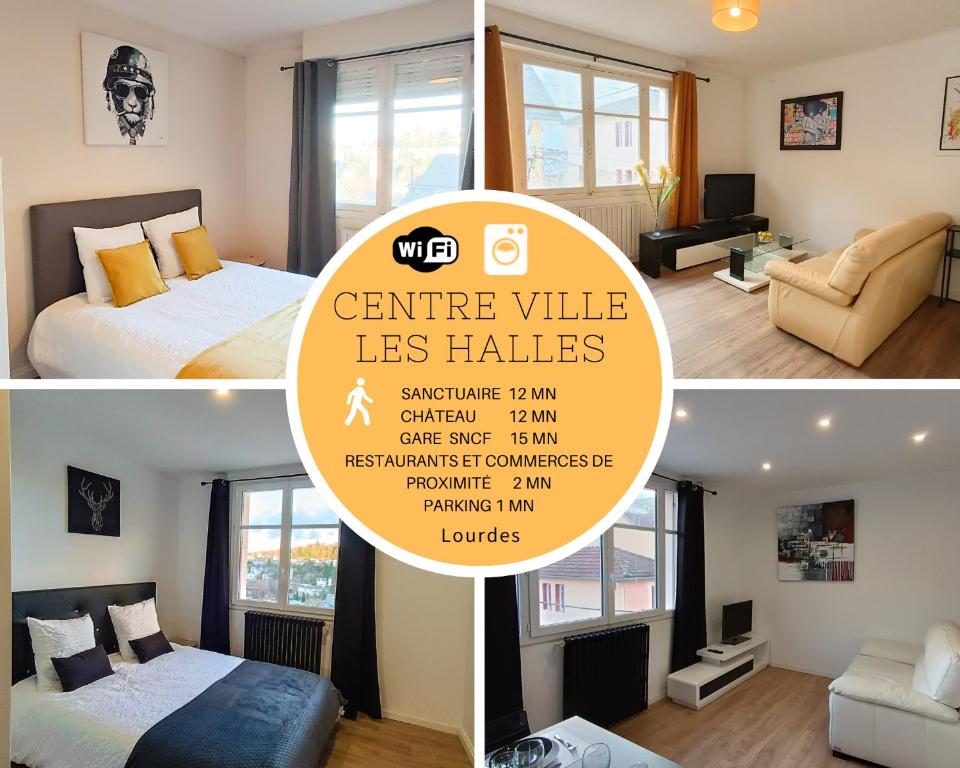 un collage de dos fotos de una habitación con cama en Foucault - Appartements - au cœur de Lourdes en Lourdes
