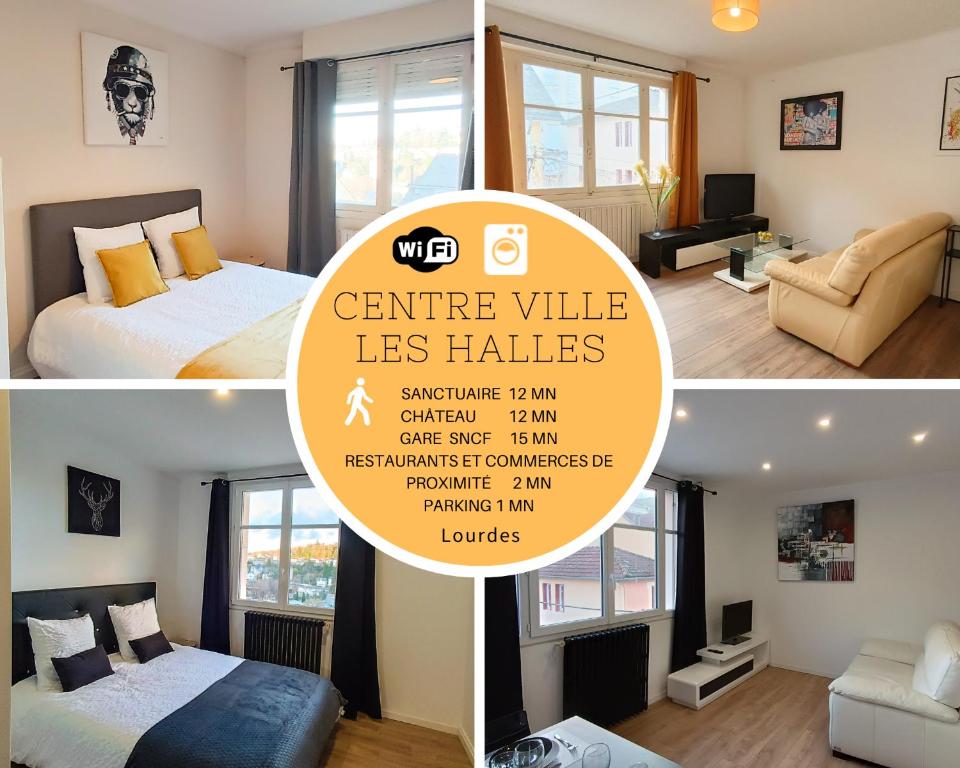 a collage of two pictures of a room with a bed at Foucault - Appartements - au cœur de Lourdes in Lourdes