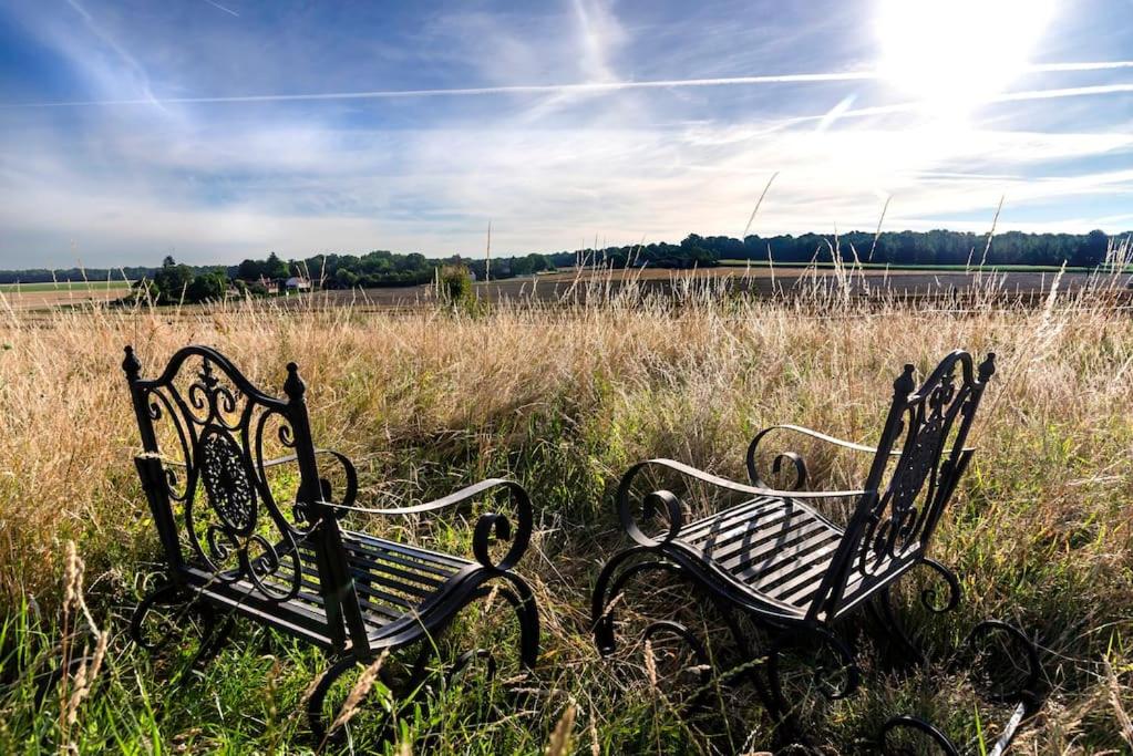 two benches sitting in a field of tall grass at Gite avec piscine Relais de la Canivotte 