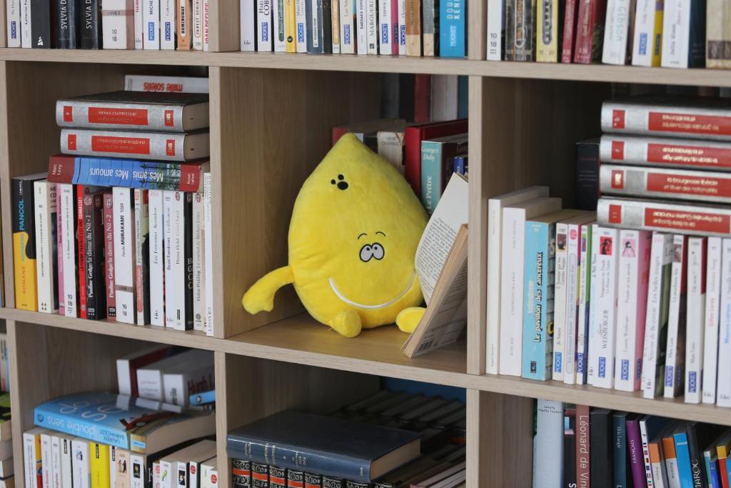 un animale imbottito giallo seduto su una libreria di Hotel Pavillon Imperial a Mentone