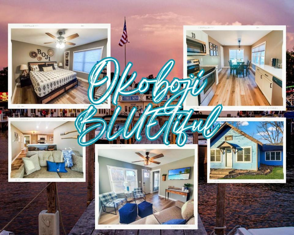 un collage di foto di una casa di Okoboji BLUEtiful Cottage ad Arnolds Park