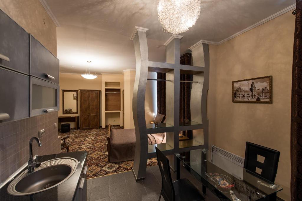 Kuchyň nebo kuchyňský kout v ubytování Premium Hotel