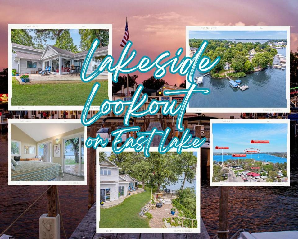 un collage de fotos de una casa con las palabras "irresistible cocina al aire libre en el este" en The Lakeside Lookout on Gingles Point, en Arnolds Park