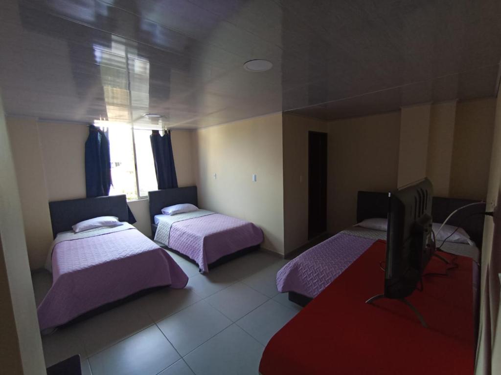 Cette chambre comprend 3 lits et une télévision à écran plat. dans l'établissement HOTEL EL GRAN CASINO ESMERALDA, à Barbosa