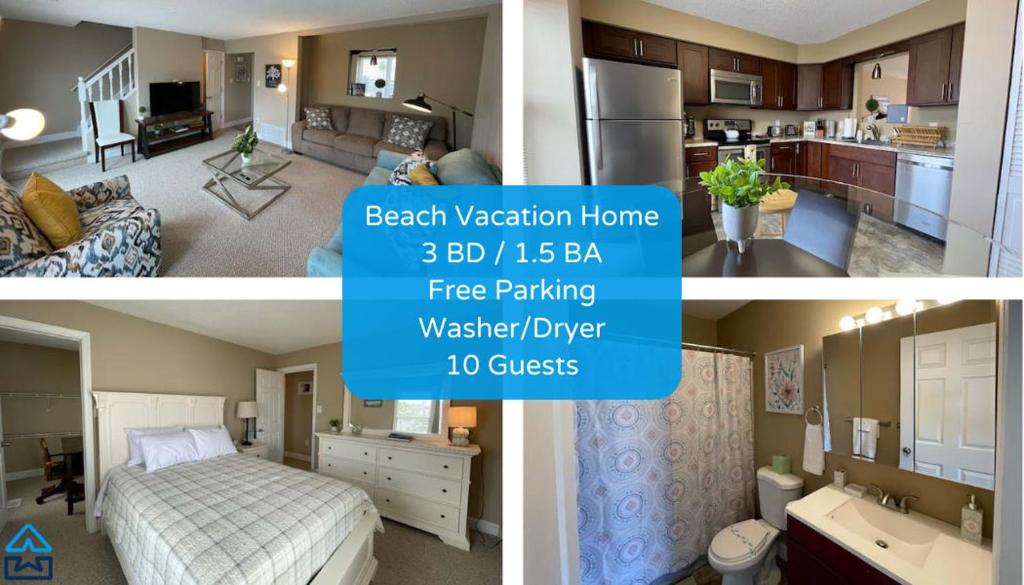 eine Collage mit drei Bildern eines Schlafzimmers und einer Küche in der Unterkunft Beach Vacation Home - Quiet Neighborhood in AC! in Atlantic City