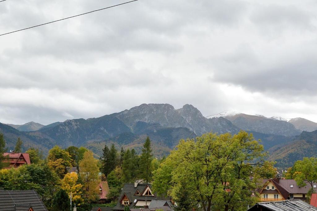 una ciudad con montañas en el fondo con casas y árboles en Willa Świerk - Panorama Tatr en Zakopane