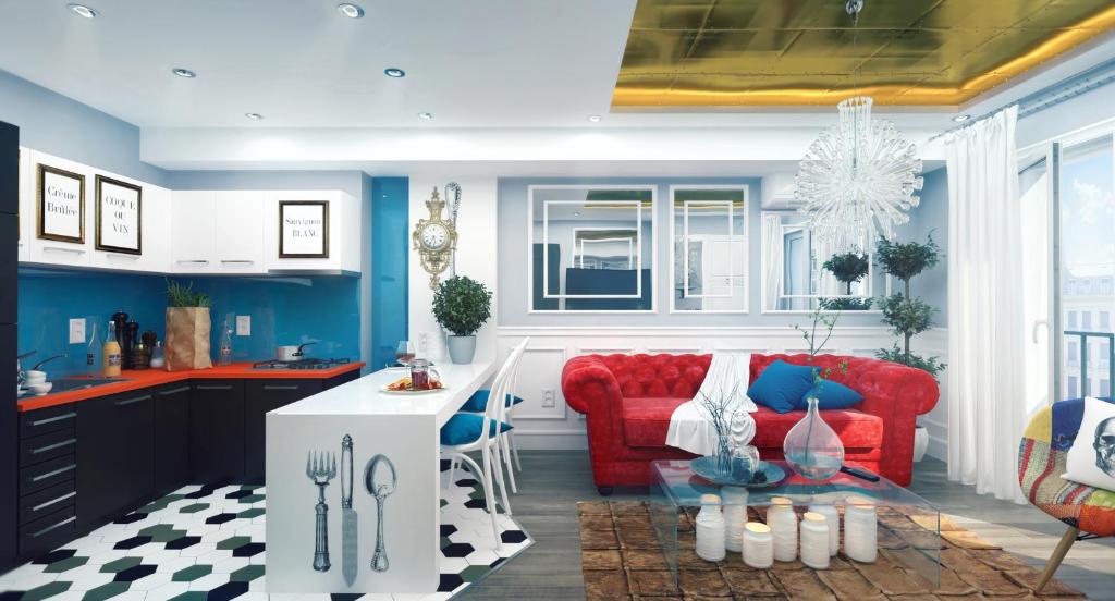 ein Wohnzimmer mit einem roten Sofa und blauen Wänden in der Unterkunft Casa Mia - Modern Luxury Apartament in Bukarest