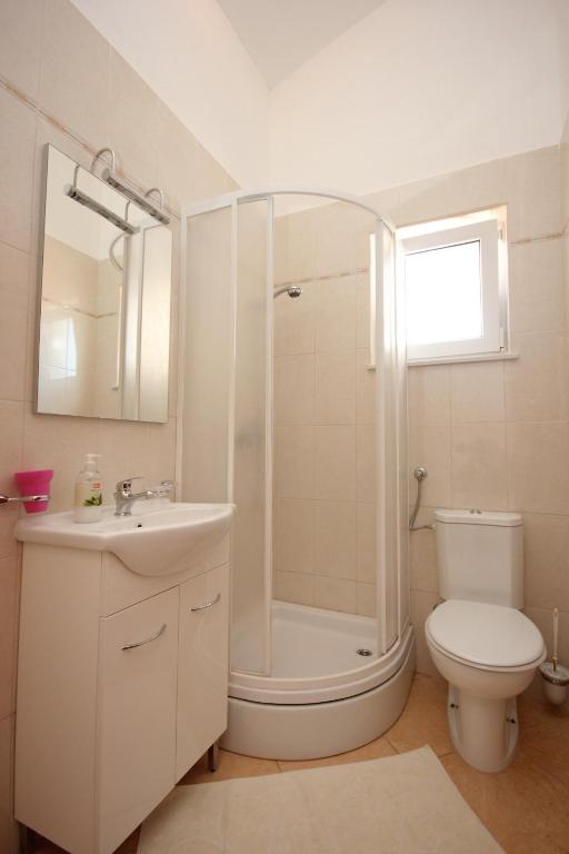 łazienka z prysznicem, toaletą i umywalką w obiekcie Apartments by the sea Pasman - 8215 w mieście Pašman