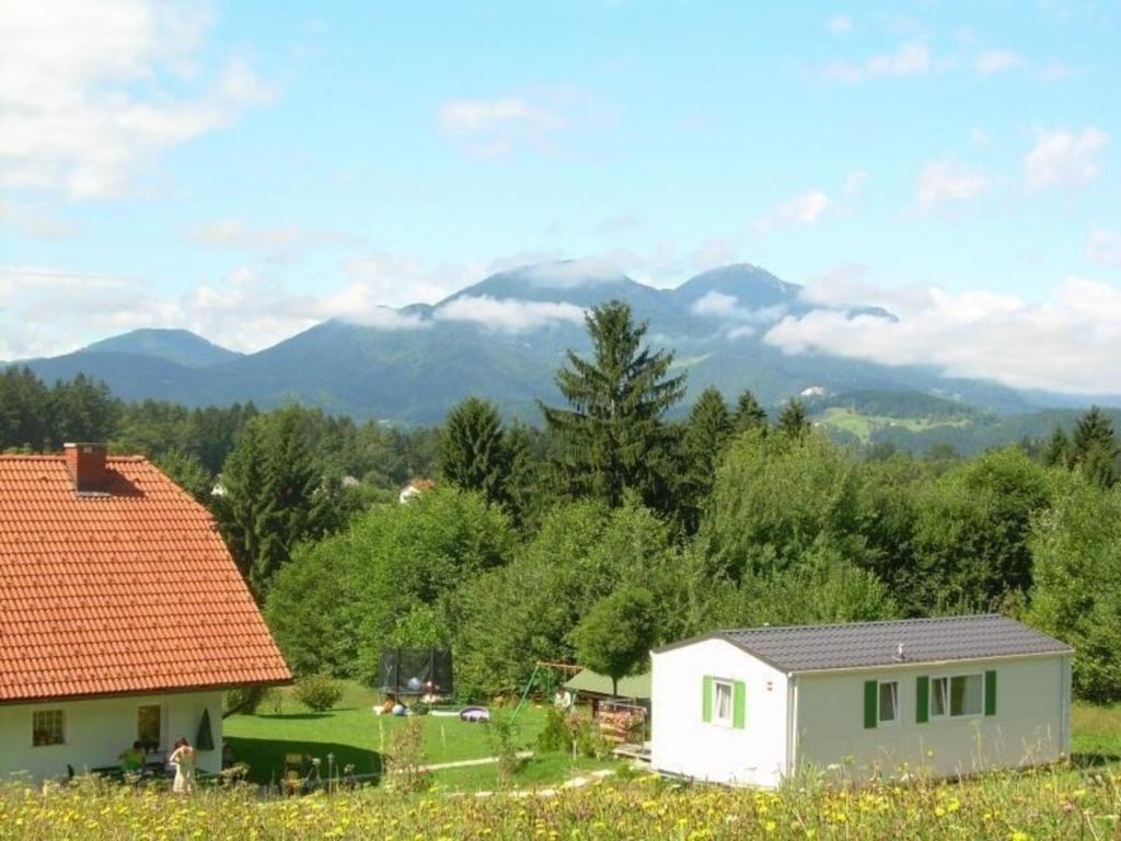 ein Haus auf einem Feld mit Bergen im Hintergrund in der Unterkunft Eine Ferienwohnung in einer grünen und waldreichen Umgebung in Slovenj Gradec