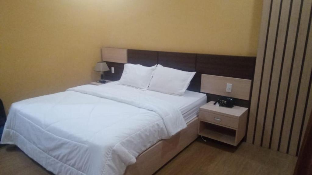 1 dormitorio con 1 cama grande con sábanas y almohadas blancas en Abaka Hotel, 