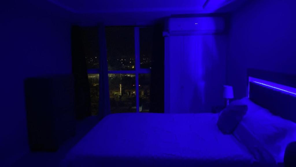 Camera blu con letto e finestra di Finest Accommodation Bay Front Apt # 609 a Greencastle