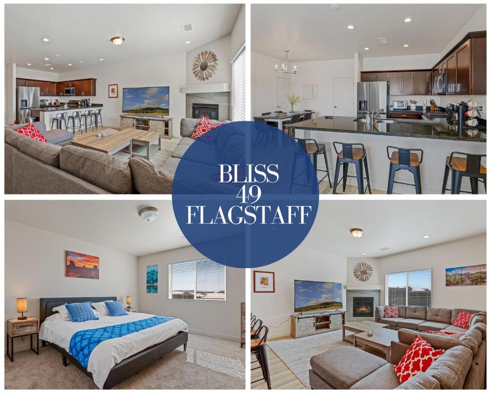 a collage of photos of a bedroom and a living room at Bliss Flagstaff 49 townhouse in Bellemont