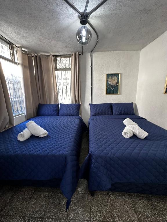 two beds in a room with blue pillows at CASA MAGNOLIA in Guatemala