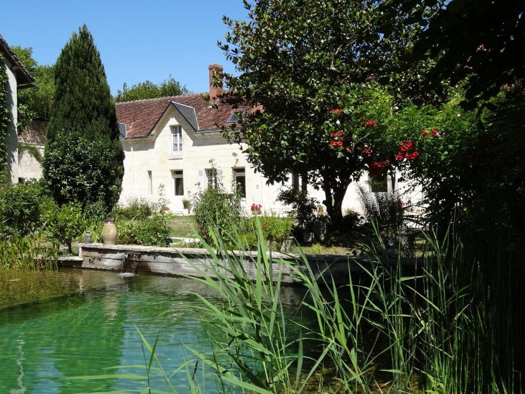 a house and a pond in front of a house at Jardin de Canaan in Saint-Julien-de-Chédon