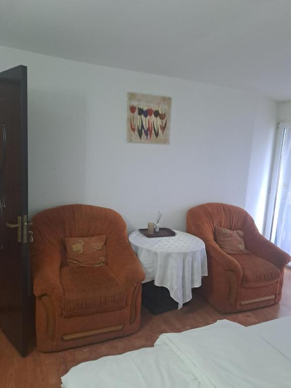 - un salon avec deux chaises et une table dans l'établissement Ana Lacramioara Concept, à Călimăneşti