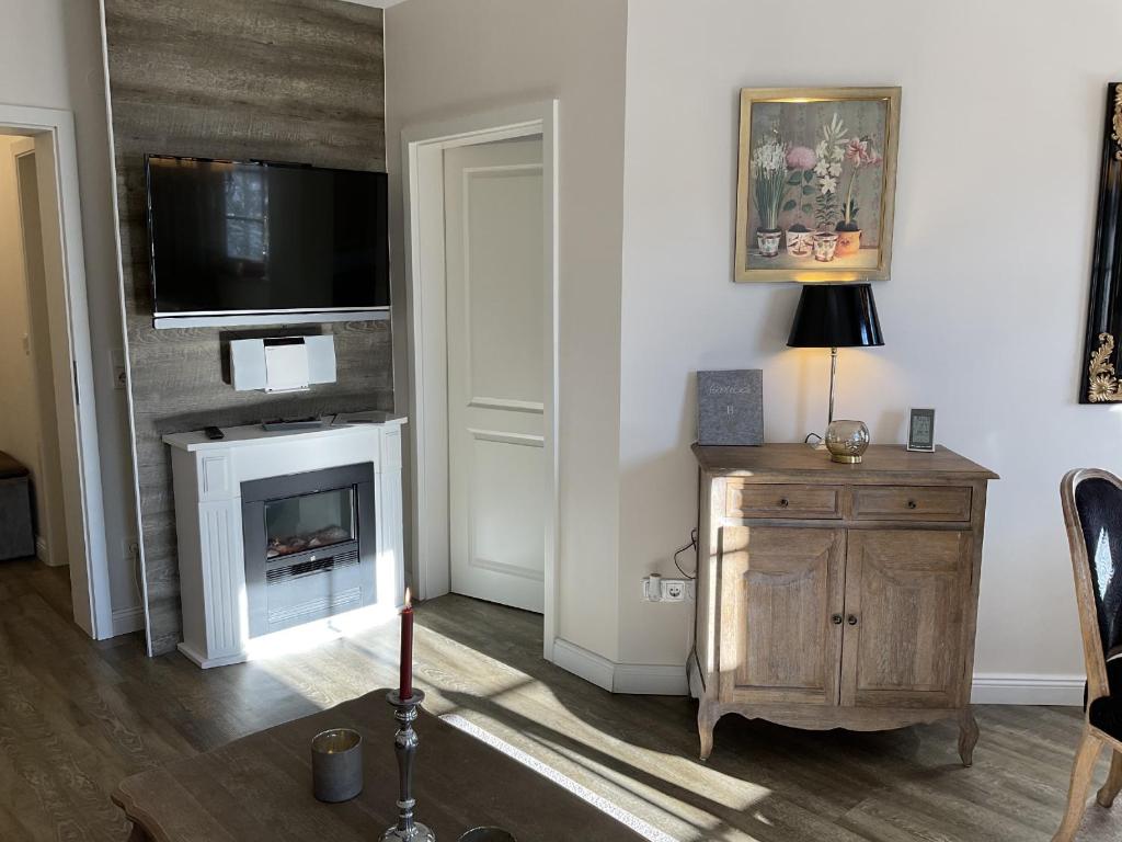 sala de estar con chimenea y TV en la pared en Luxus Ferienwohnung Bergblick, en Goslar