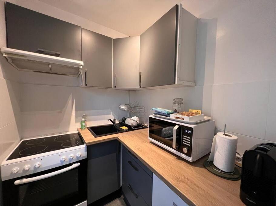 eine kleine Küche mit einem Herd und einer Mikrowelle in der Unterkunft Charmant appartement - terrasse in LʼÎle-Saint-Denis