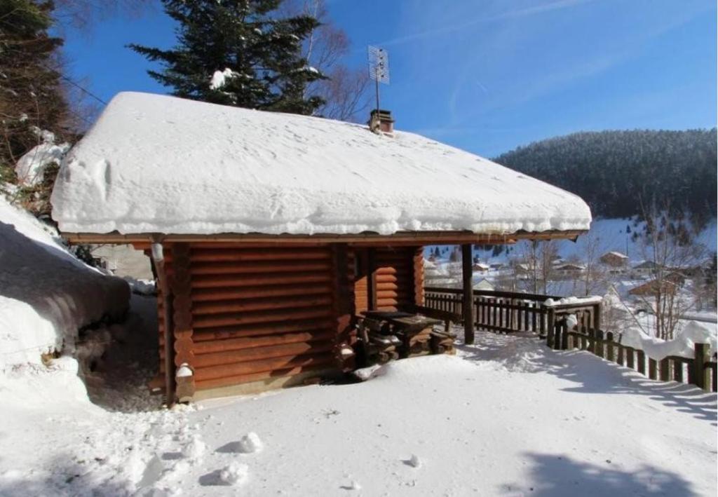 a log cabin with snow on top of it at LE GRAND CERF Chalet en rondins avec SPA Jacuzzi in La Bresse