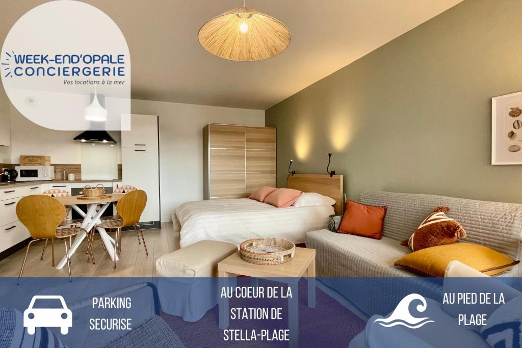 two pictures of a bedroom with a bed and a kitchen at Studio Couleurs d'Opale in Stella-Plage