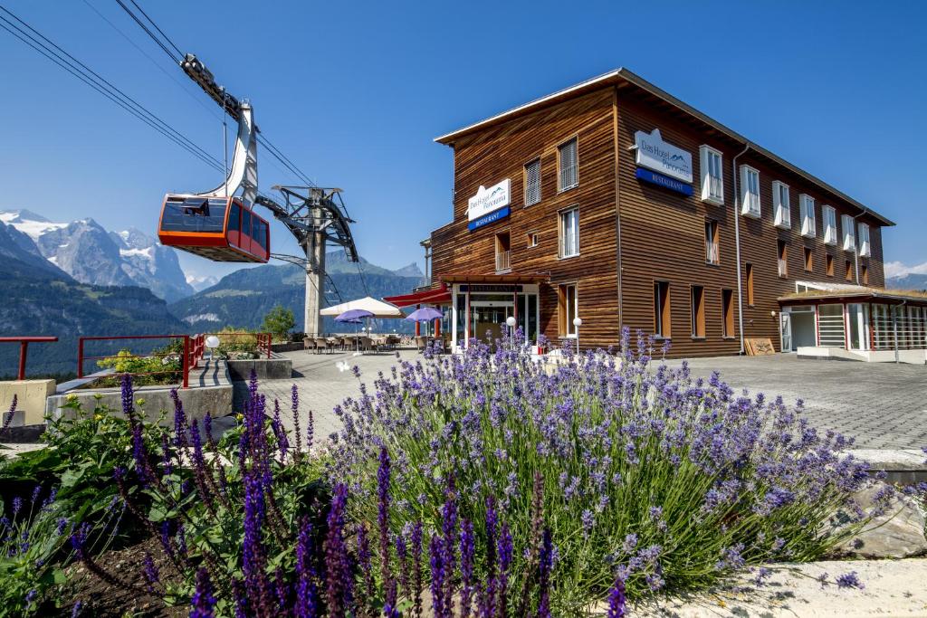 a building with purple flowers and a ski lift at Hotel Panorama in Hasliberg