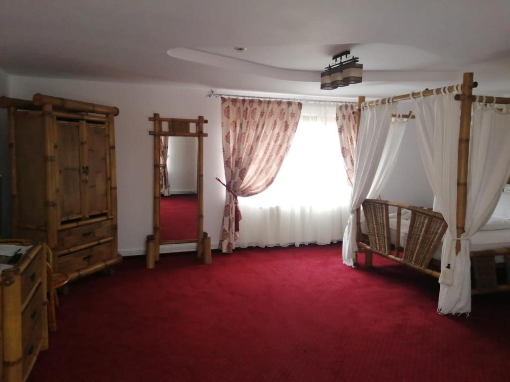 ラシュノフにあるPensiunea Rosenauの赤いカーペットフロアのベッドルーム1室(窓付)