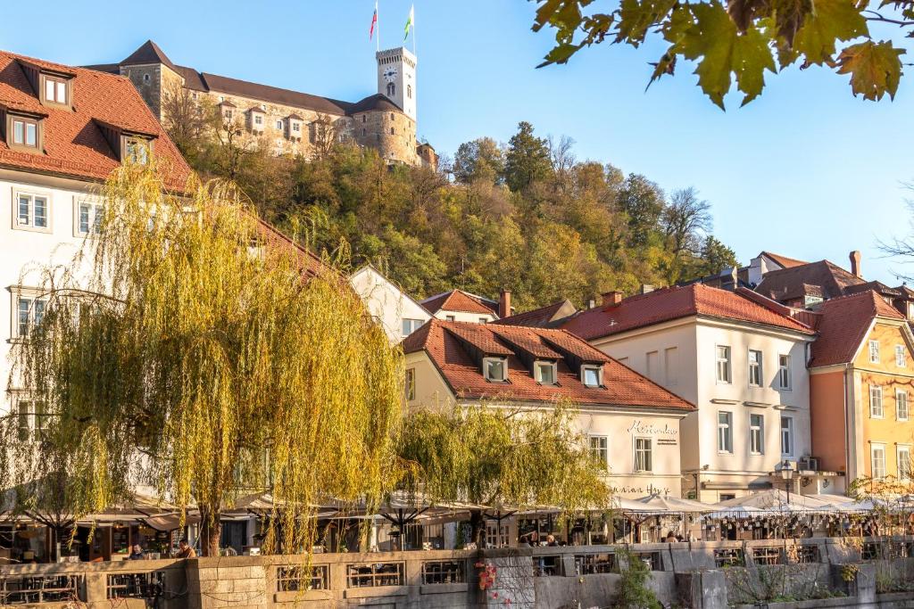uma cidade com um castelo no topo de uma colina em Central Comfort Apartments Meščanka em Ljubljana