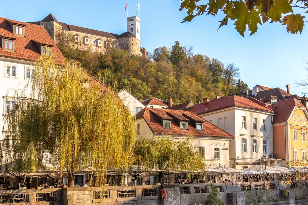 a town with a castle on top of a hill at Central Comfort Apartments Meščanka in Ljubljana