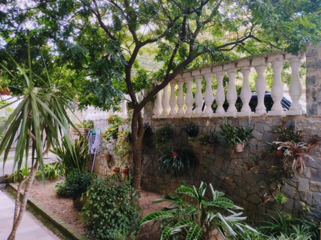 una pared de piedra con una valla blanca y un árbol en Cantinho da Vovó Regina, en Miguel Pereira