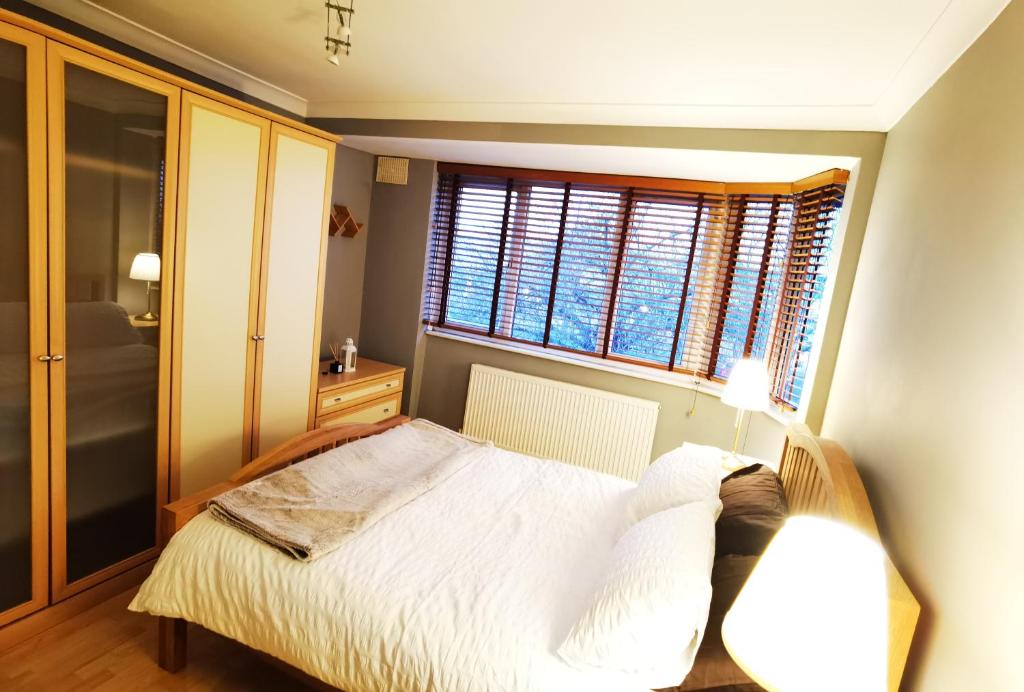 1 dormitorio con cama y ventana en ANAND HOUSE, en Harrow