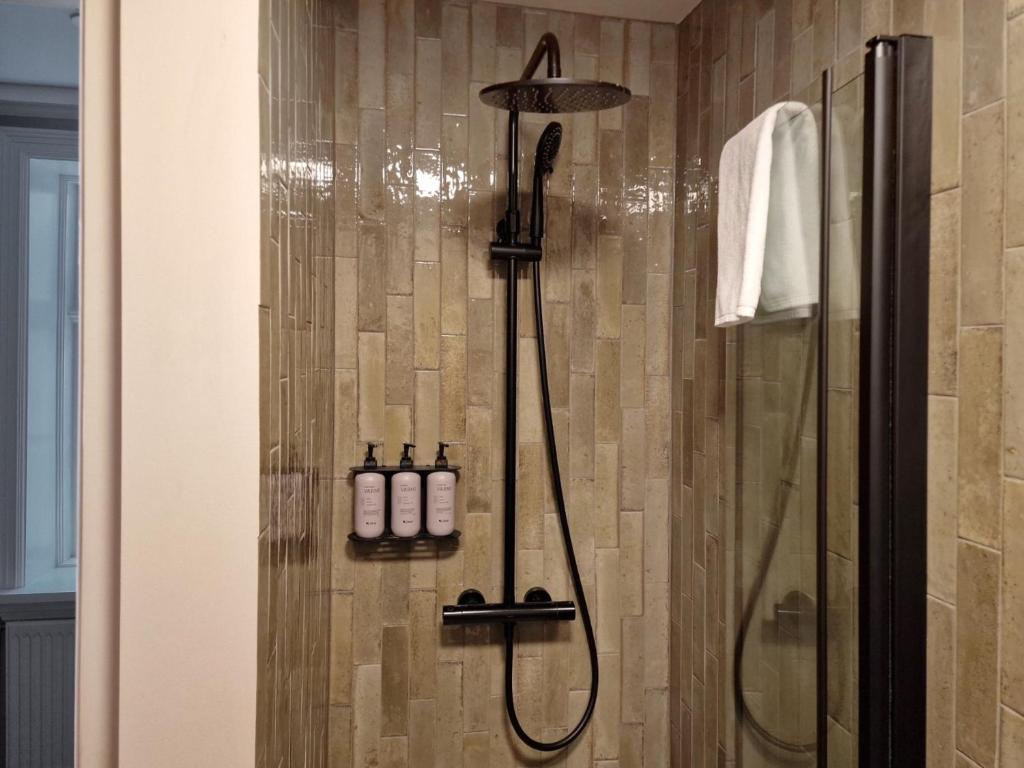 a bathroom with a shower with a shower head at Gistihúsið - Lake Hotel Egilsstadir in Egilsstadir