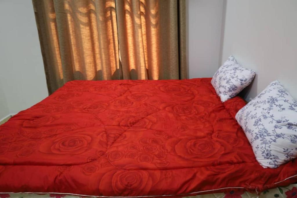 a red bed with two pillows on top of it at Amazoon in Dar es Salaam