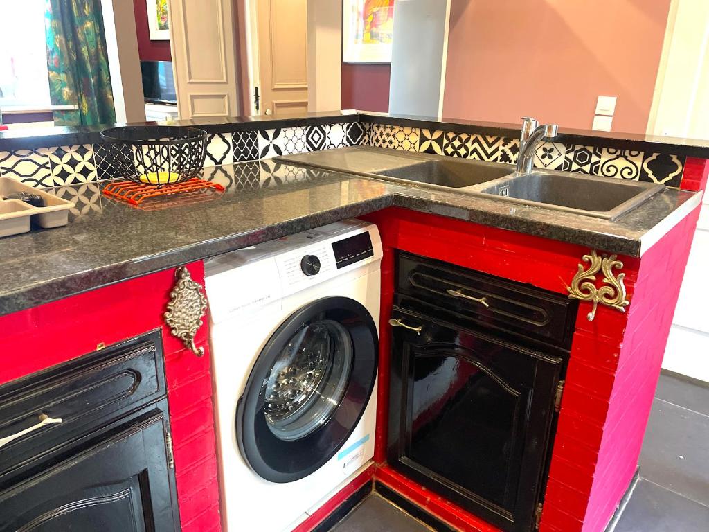 a kitchen with a washing machine and a sink at La Domus Lemaitre 1, plain-pied, Wifi , TV, parking, jardin 