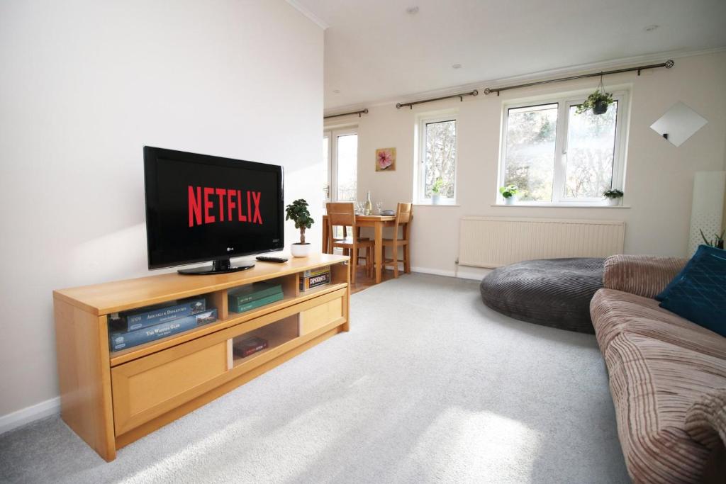 a living room with a flat screen tv on a wooden entertainment center at Cohost Partners- FREE Parking Close to town in Bath